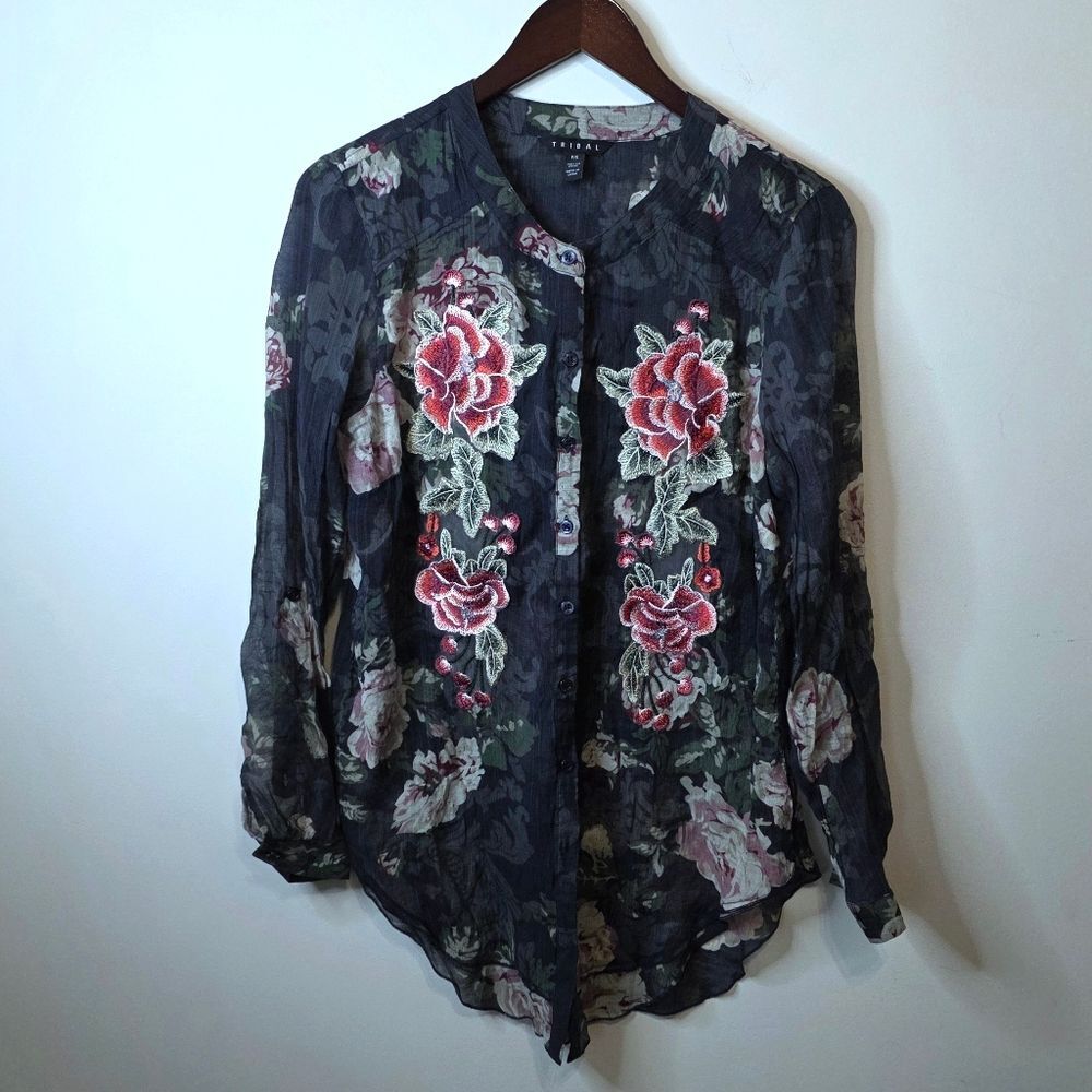 Tribal Floral Embroidered Button Up Roll Tab Sleeve Sheer Shirt Size Small